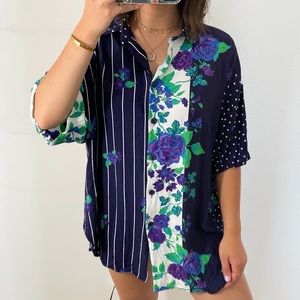 Vintage navy blue purple floral short sleeve blouse